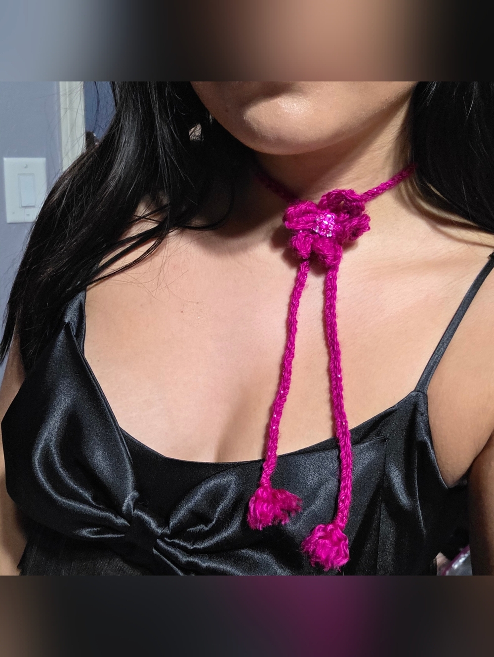Handmade Crochet Flower Bolo Necklace — Magenta